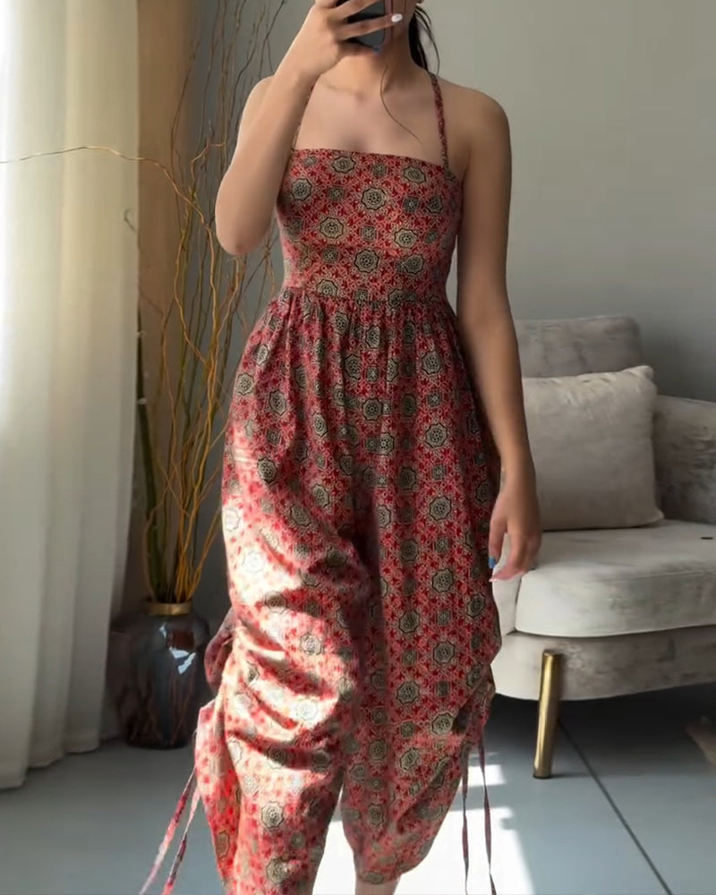 Vintage Tribal Print Halter Tied Detail Jumpsuit Casual Drawstring Loose Romper