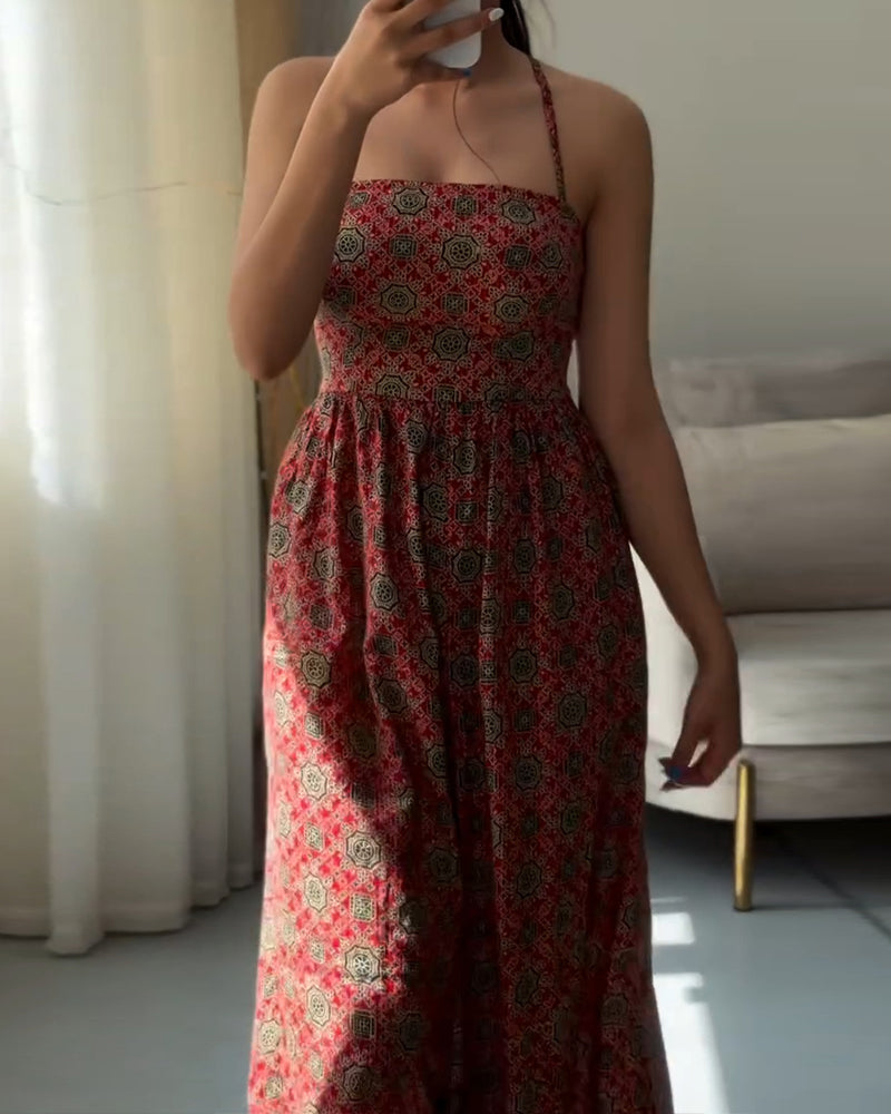 Vintage Tribal Print Halter Tied Detail Jumpsuit Casual Drawstring Loose Romper