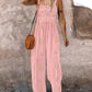 Embroidery Patchwork Thick Strap Square Neck Shirred Jumpsuit Wide Leg Vacation Overalls with Pockets