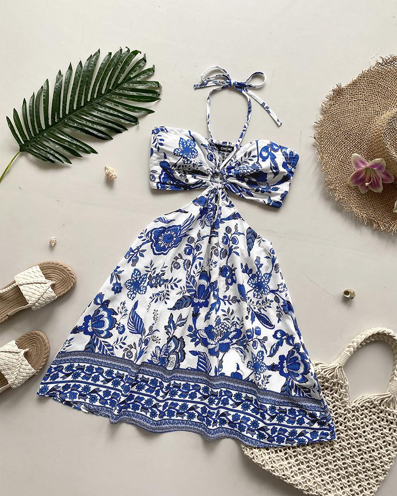 Floral Print Halter Tied Detail Elastic Shirred Back Mini Dress Casual A Line Dress