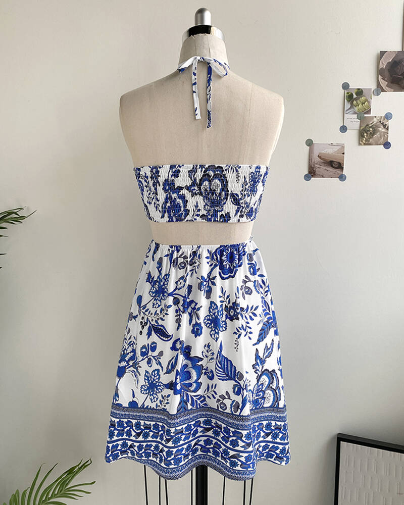 Floral Print Halter Tied Detail Elastic Shirred Back Mini Dress Casual Hollow Out A Line Vacation Dress