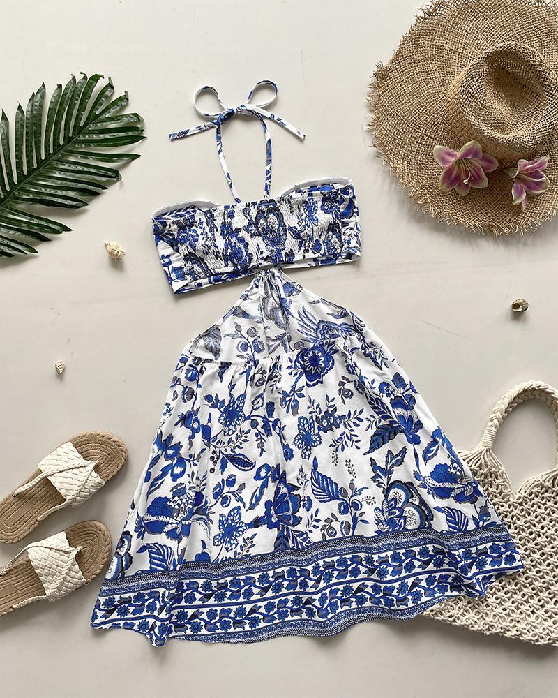 Floral Print Halter Tied Detail Elastic Shirred Back Mini Dress Casual Hollow Out A Line Vacation Dress