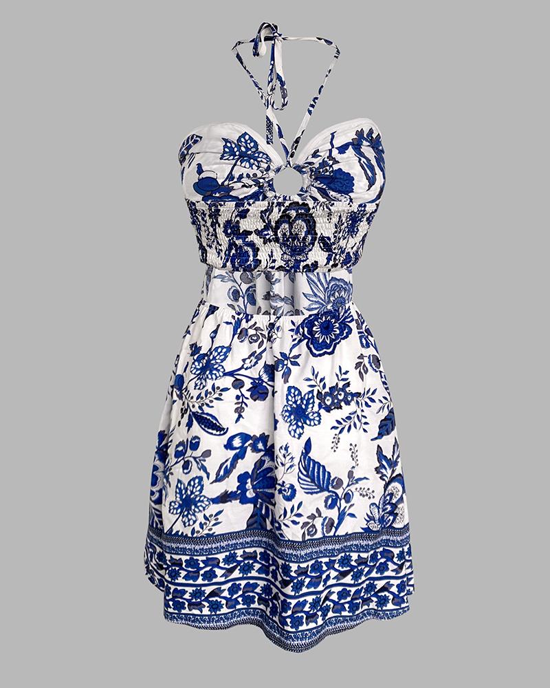 Floral Print Halter Tied Detail Elastic Shirred Back Mini Dress Casual Hollow Out A Line Vacation Dress