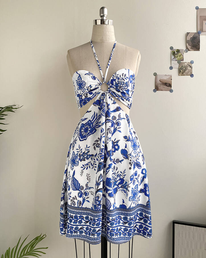 Floral Print Halter Tied Detail Elastic Shirred Back Mini Dress Casual Hollow Out A Line Vacation Dress