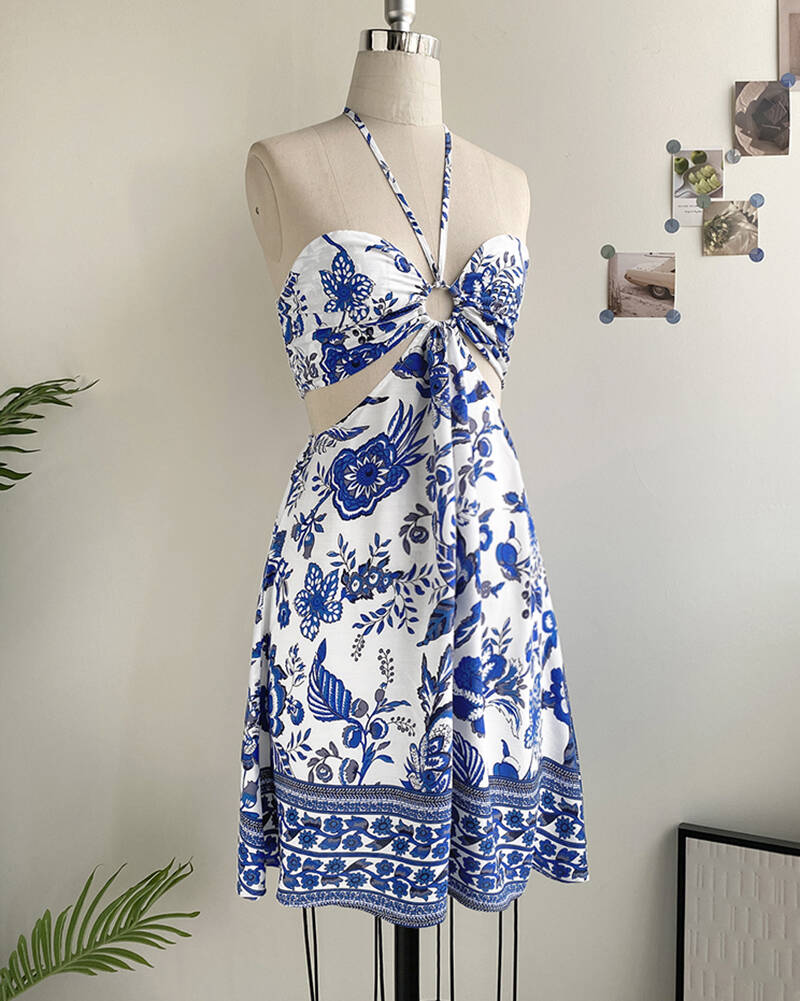 Floral Print Halter Tied Detail Elastic Shirred Back Mini Dress Casual Hollow Out A Line Dress