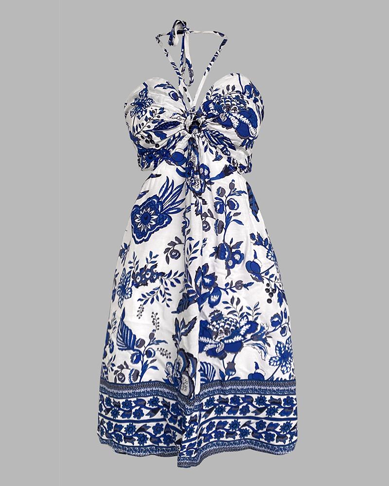 Floral Print Halter Tied Detail Elastic Shirred Back Mini Dress Casual Hollow Out A Line Dress