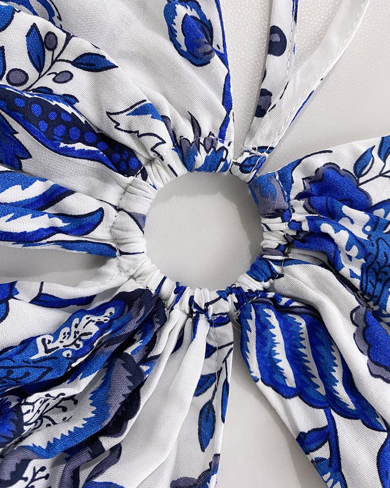 Floral Print Halter Tied Detail Elastic Shirred Back Mini Dress Casual Hollow Out A Line Dress