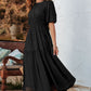 Black Puff Sleeve Pleated High Waist Flowy Long Dress