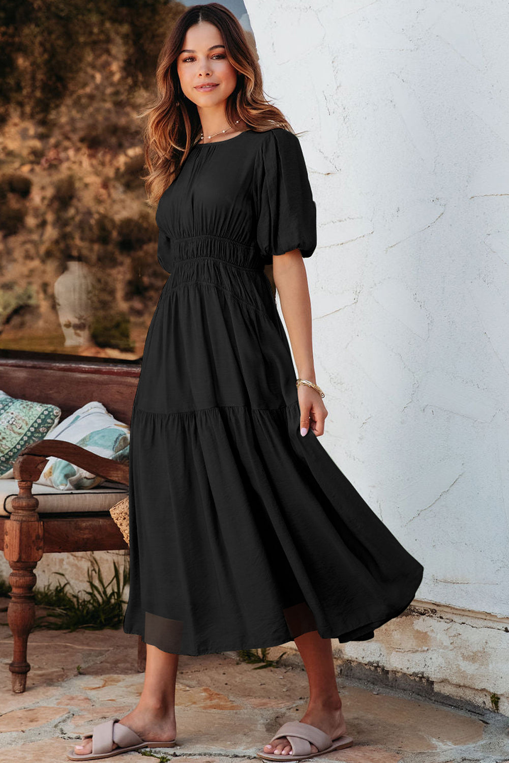 Black Puff Sleeve Pleated High Waist Flowy Long Dress