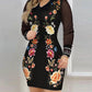 Floral Print See Through Sheer Mesh Long Sleeve Dress Sexy Turn down Collar Bodycon Mini Dress