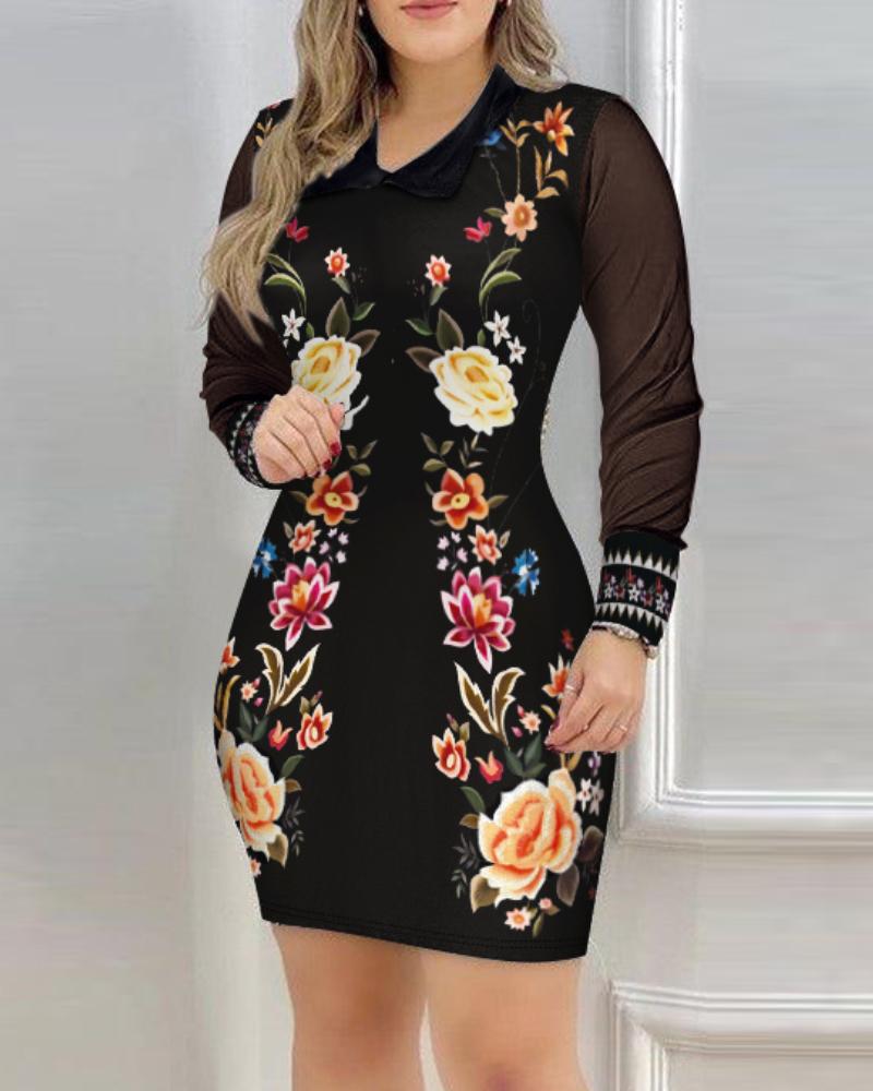 Floral Print See Through Sheer Mesh Long Sleeve Dress Sexy Turn down Collar Bodycon Mini Dress
