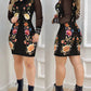 Floral Print See Through Sheer Mesh Long Sleeve Dress Sexy Turn down Collar Bodycon Mini Dress