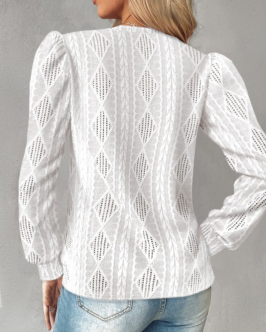 Jacquard & Argyle Pattern Asymmetrical V Neck Button Decor Long Sleeve T shirt Casual Hollow out Top