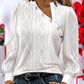 Jacquard & Argyle Pattern Asymmetrical V Neck Button Decor Long Sleeve T shirt Casual Hollow out Top