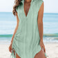 V Neck Turn down Neck Sleeveless Drawstring Hollow out Mini Dress Vacation Cover Up