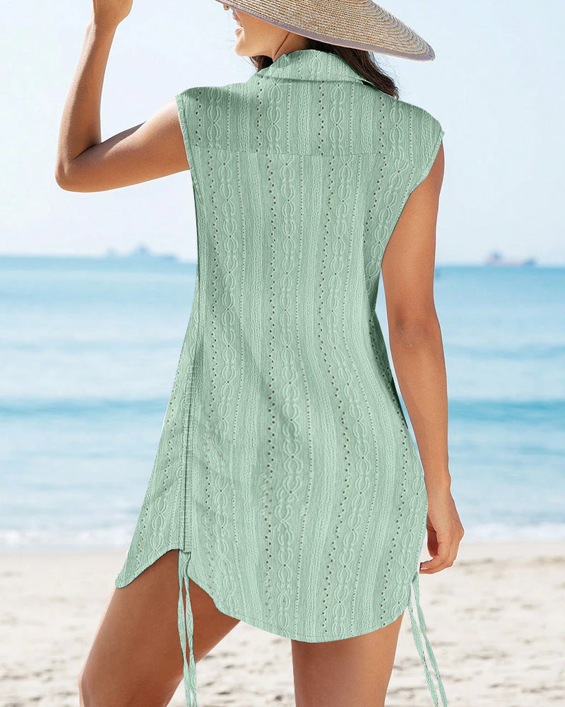 V Neck Turn down Neck Sleeveless Drawstring Hollow out Mini Dress Vacation Cover Up
