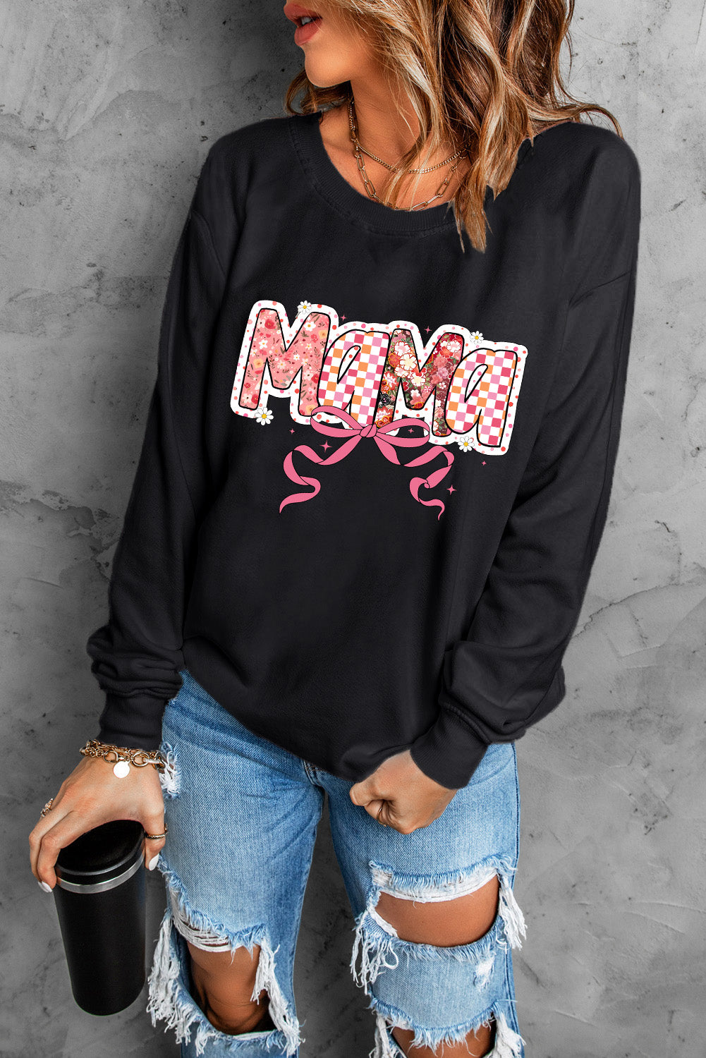 Black Floral Checkered Bow Printed Pullover Sweatshirt