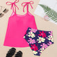 Rose Red Tie Shoulder Floral Print Cute Tankini Set