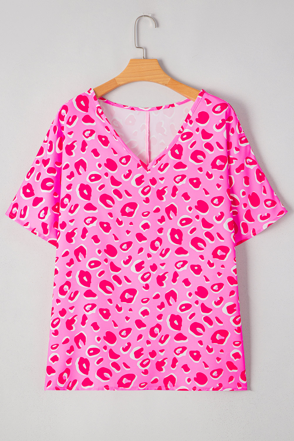 Pink Leopard V Neck Loose Short Sleeve Top