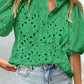 Green Flower Embroidered Hollow-out Puff Sleeve Blouse