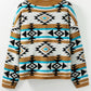 Brown Aztec Striped Knit Ribbed Trim Sweater