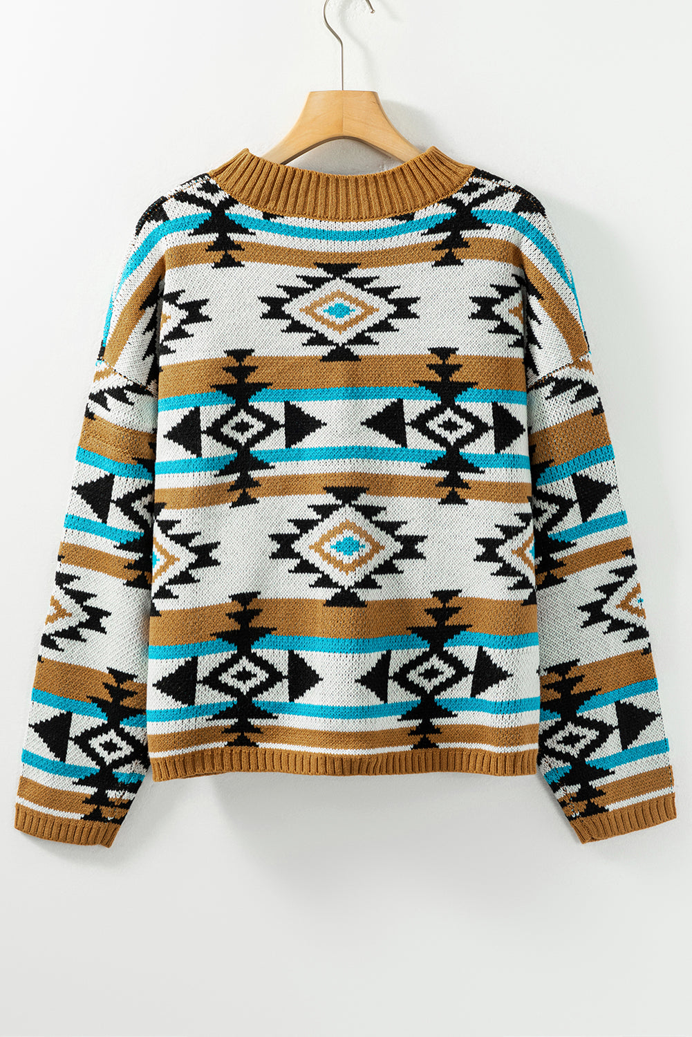 Brown Aztec Striped Knit Ribbed Trim Sweater