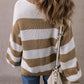 Light French Beige Colorblock Striped Drop Shoulder Side Slit Sweater