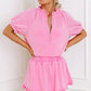Pink Half Zip Puff Sleeve Top and Ruffled Shorts Set