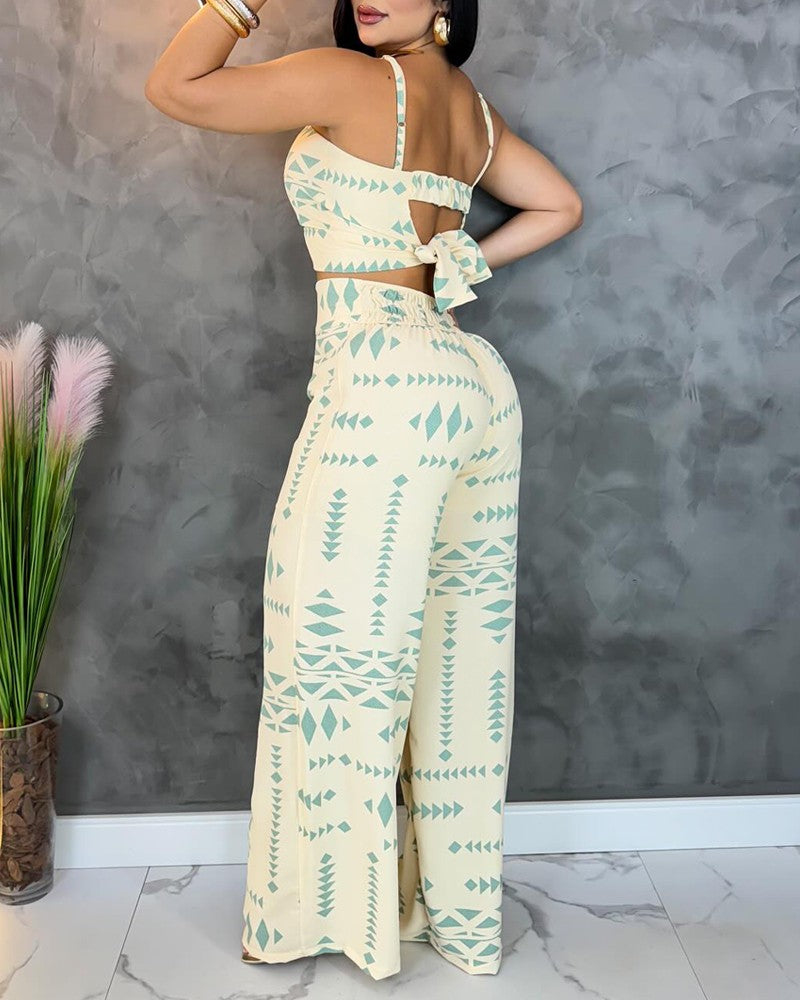 2 Pieces Outfit Geometric Print Spaghetti Strap Tied Detail Tank and Casual Wide Leg Pants Set