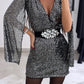 Elegant Rhinestone Belt Allover Sequin Bodycon Dress V Neck Cape Sleeve Party Club Dress