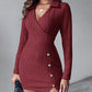Polo V Neck Long Sleeve Fleece Lined Bodycon Dress Slit Button Decor Ribbed Mini Dress