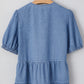 Dusk Blue Tied Front Bubble Sleeve Peplum Denim Shirt