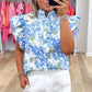 Sky Blue Floral Print Ruffle Sleeve Frilly Button Up Shirt