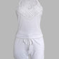 2 Pieces Outfits Contrast Lace Halter Sleeveless Knit Tank and Strechy Waist Drawstring Knit Shorts Set
