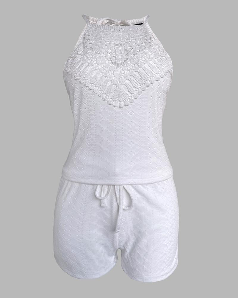 2 Pieces Outfits Contrast Lace Halter Sleeveless Knit Tank and Strechy Waist Drawstring Knit Shorts Set