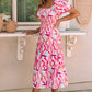 Pink Brush Stroke Printed Smocked Ruffle Tiered Dress
