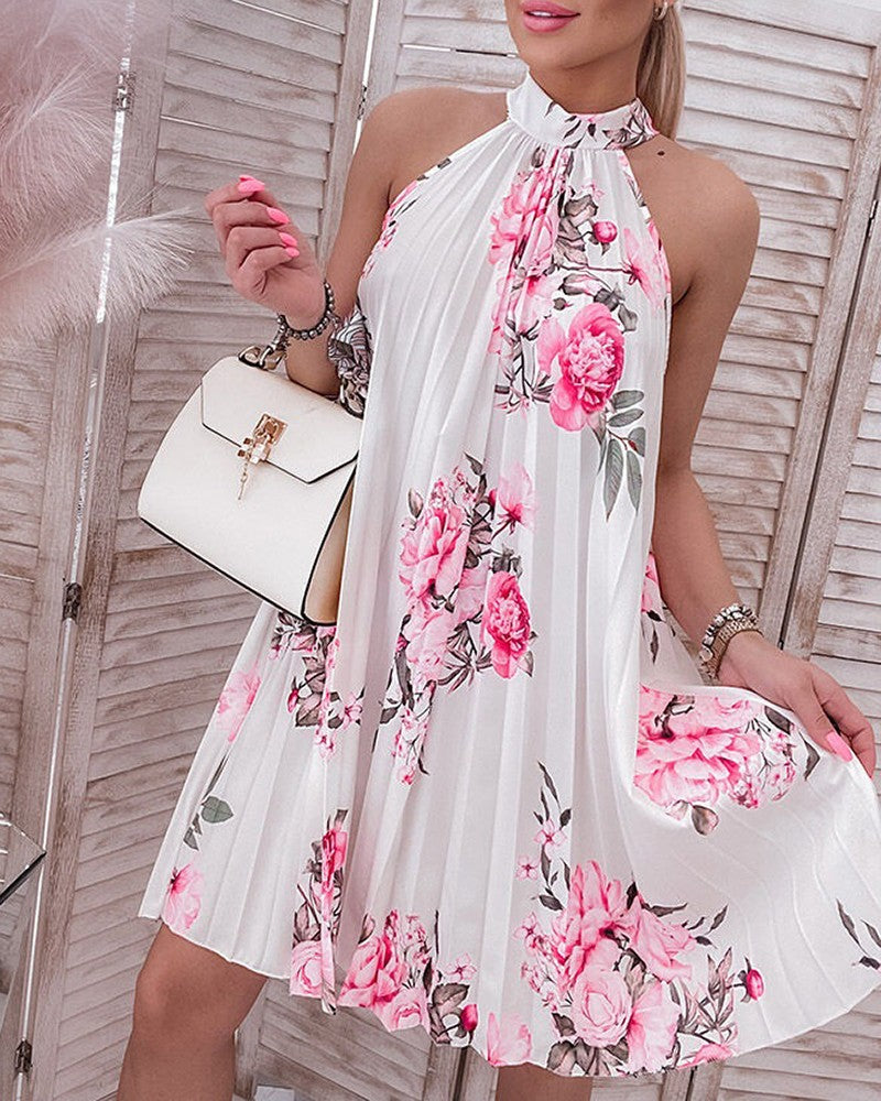 Floral Print Halter Casual Pleated Dress