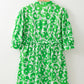 Green Floral Print Puff Half Sleeve V Neck Babydoll Dress