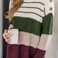 Green Color Block Striped Buttoned Shoulder Split Sweater