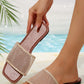 Beige Rhinestone Mesh Square Toe Flat Slippers