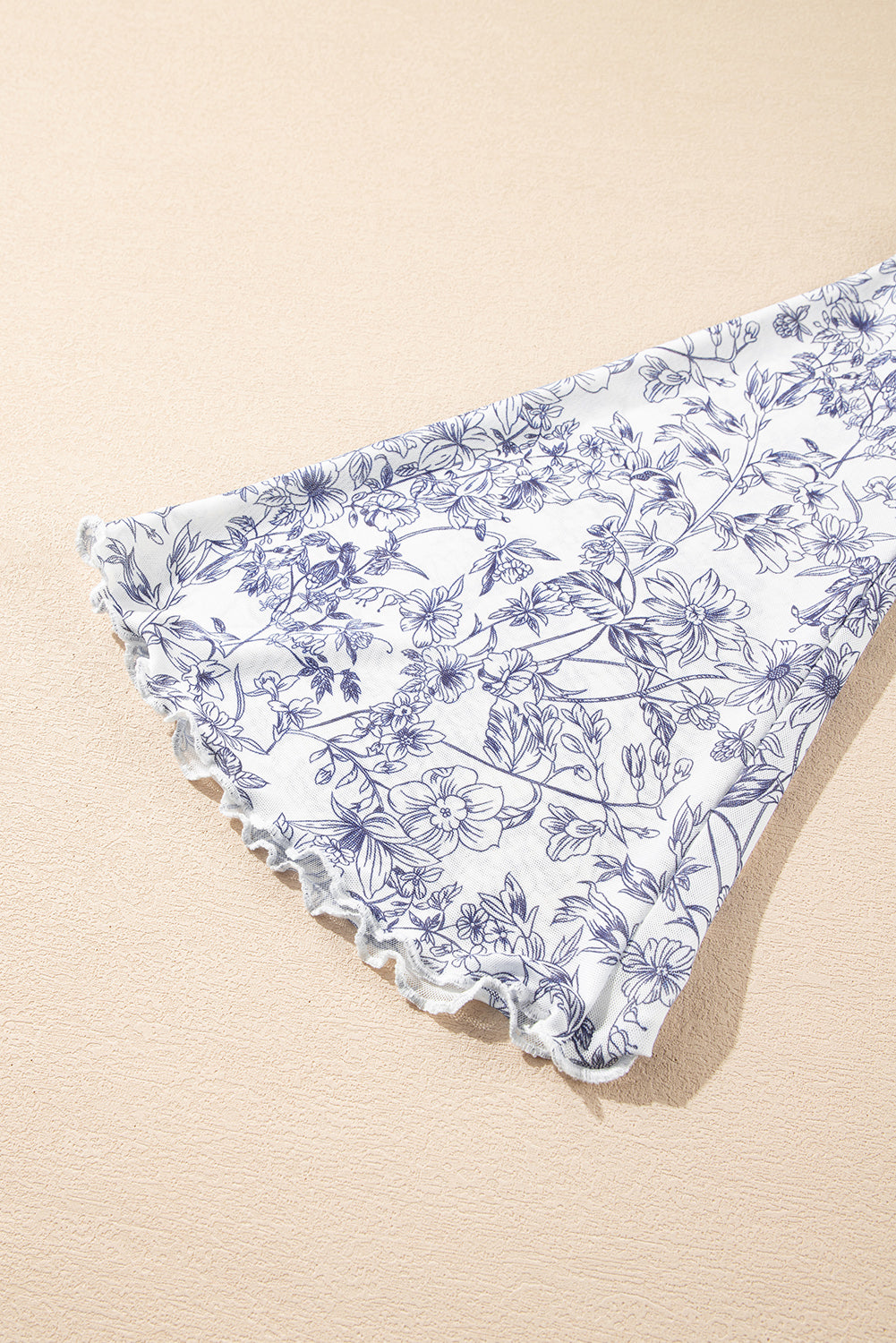 Sky Blue Floral Bell Sleeve Mock Neck Crop Mesh Top