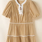 Pale Khaki Contrast Trim Pintuck Puff Sleeve Tied Neck Short Dress