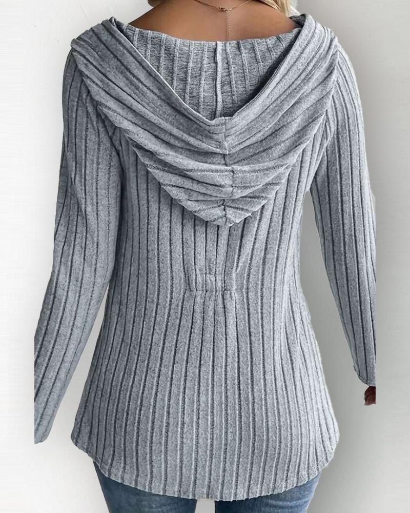 Hooded Long Sleeve Button Down Casual Ribbed Top