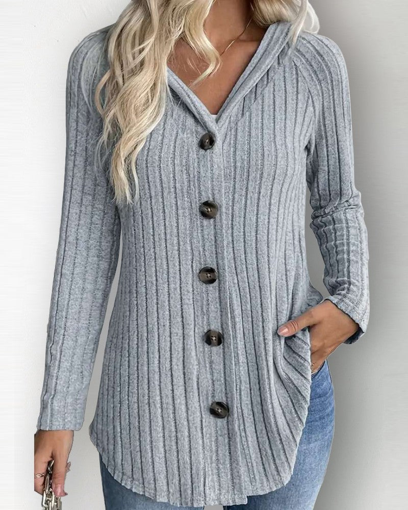 Hooded Long Sleeve Button Down Casual Ribbed Top