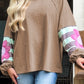 Light French Beige Flower Striped Patchwork Puff Sleeve Loose Sweatshirt