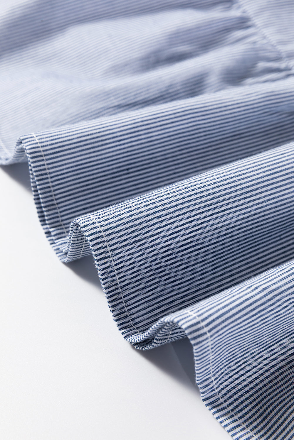 Sky Blue Stripe Bubble Sleeve Square Neck Ruched Pocketed Babydoll Dress