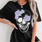 Black Floral Skull Graphic Halloween Tunic T Shirt