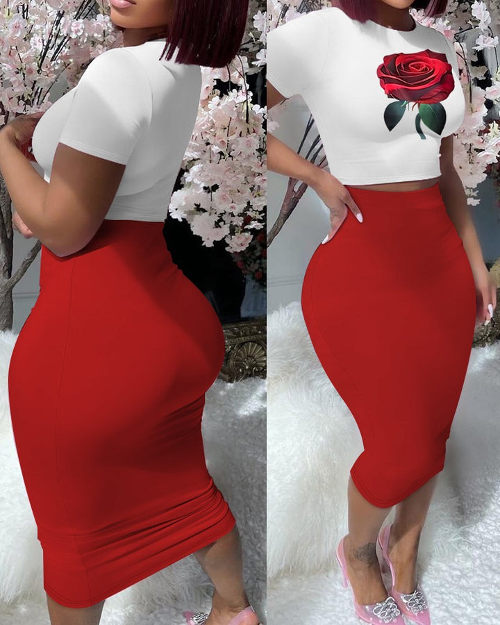 Rose Print Crop Top & High Waist Skirt Set