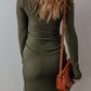Jungle Green Ribbed Side Slit Ruched Slim Fit Long Sleeve Mini Dress