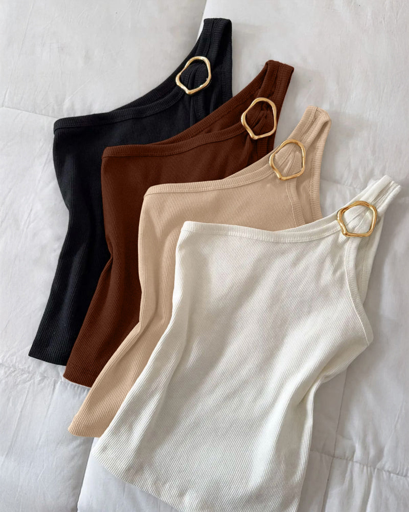 One Shoulder Goldren Decor Casual Slim Fit Ribbed Top